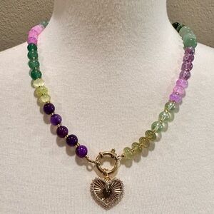 Multicolor Glass Beaded Necklace Gold Plated Heart Pendant Handmade NWT
